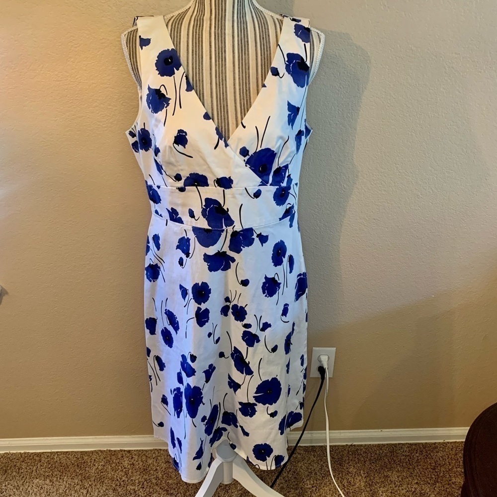 Spense Dress Missy Sz 12 White Blue Floral Cotton Sleeveless Faux Wrap Summer - Picture 16 of 16